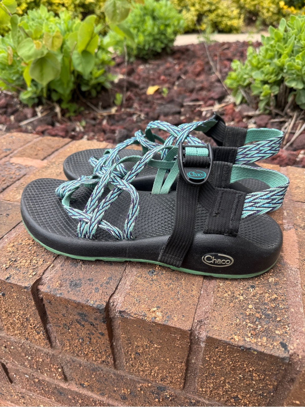 Chaco Women's Sport Sandals in Black & Teal Stripe